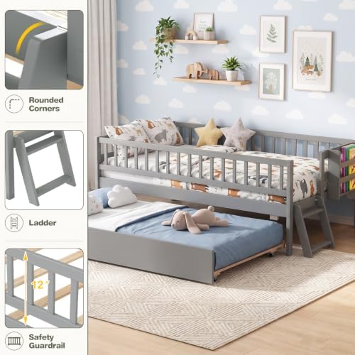 KOMFOTT Twin Bed Frame with Trundle & Bookshelf, Trundle Bed for Kids, Grey