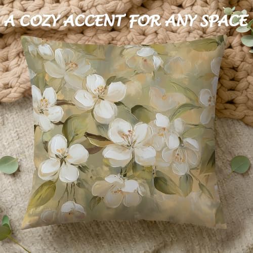 Neutral Vintage White Blossom Floral Pillow Cover 18x18, Rustic Beige Cottagecore Botanical White Flower Decorative Lumbar Pillow Cover for Couch Bed Living Room Bedroom