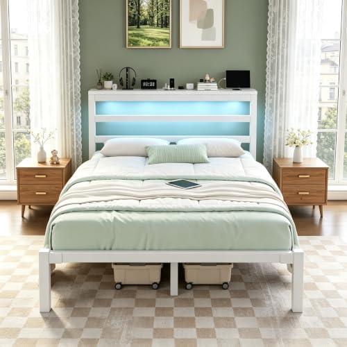 Full Bed Frame with Charging Station and LED Lights Headboard, White