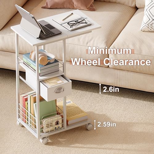 Rolling Side Table with Storage Drawer, White Bedside Table with Wheels, TV Tray for Sofa, Portable Desk on Wheels, Modern Night Stand, Overbed Table for Bedroom, C Shaped End Tables Living Room