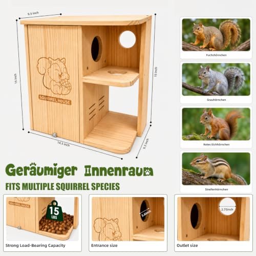 Large Squirrel Nesting Box Outdoor – Solid Pine Wood Squirrel House