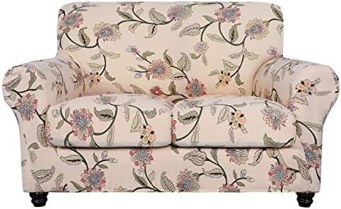 SearchI Stretch Sofa Cover Printed Couch Cover, Floral Pattern 3 Pieces Loveseat Slipcover with 2 Separate Cushion Cover, Washable Furniture Protector for Living Room(Loveseat, Yellow+Flower)