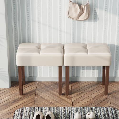 EOSVALO Leather Vanity Stool, 18.7 Inch Wide Rectangle Ottoman Bench for Makeup Room, Vanity Chair with Wood Legs for Piano Room, Bedroom,Living Room with Customizable (Cream)