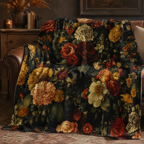 Vintage Floral Blanket, Dark Botanical Flannel Throw 50x60 Inch