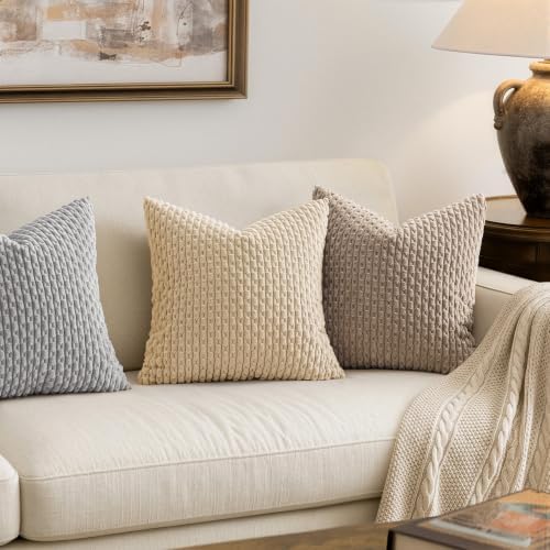 MIULEE Decorative Throw Pillow Covers 20x20 Beige Textured Corduroy