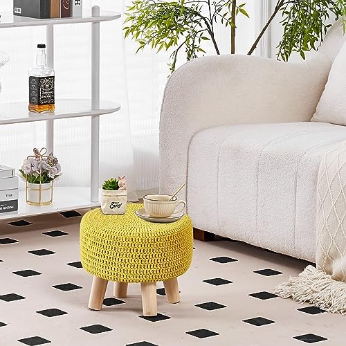 Wimarsbon Small Ottomans, 100% Hand Knitted Pouf, Round Footrest with 4 Non-Skid Wood Legs, Boho Décor Cotton Rope Pouffe Beside Sofa, Leisure Floor Step Chair for Living Room (Yellow)
