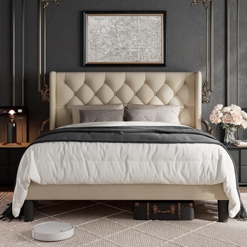 GalnFu Queen Size Bed Frame with Button Tufted Upholstered Headboard, Platform Bed Frame w/Sturdy Base Supports, Noise Free, No Box Spring Needed, Easy Assembly, Beige