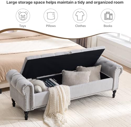 Storage Bed Bench for Bedroom, Chenille 67" End of Bed King Size Benches with Armrest, Tufted Button Upholstered Ottoman Bench for Living Room, Entryway, Silver Grey