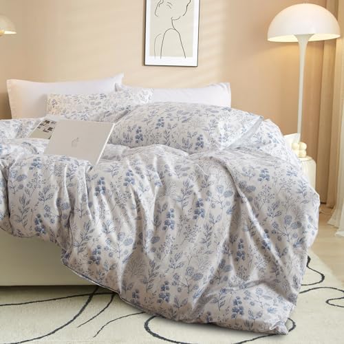 3 Pieces Blue Flower Duvet Cover Set Twin Cottagecore Botanical Duvet Cover with 2 Pillowcases 100% Cotton Leaves Bedding Set Vintage Garden Style for Teen Girls-68 X86