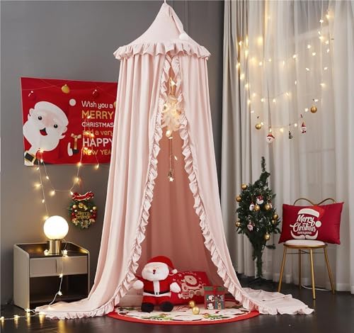 VETHIN Bed Canopy for Girls,Princess Round Dome Dreamy Mosquito Net Bedding Girls Room Castle Play Tent Hanging House Decor Reading Nook Canopies (Beige Pink)