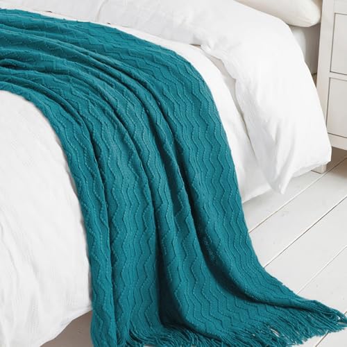 BOURINA Teal Throw Blanket 60x80 Inch Boho Knitted Soft Throw Sofa Blanket