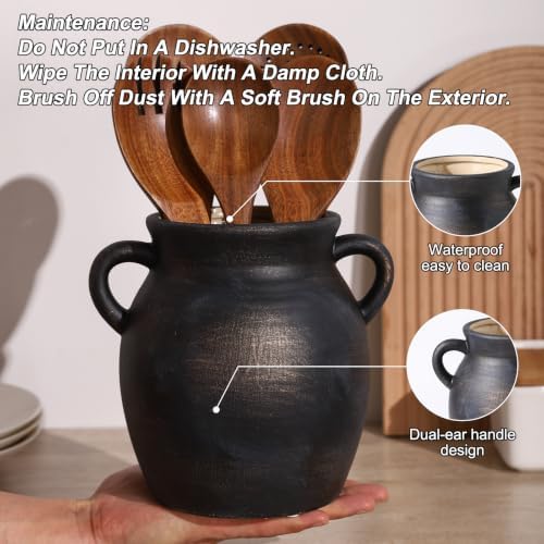 Ceramic Farmhouse Kitchen Utensil Holder for Countertop, Rustic Cooking Utensil Holder Crock Fit for Kitchen Counter. Bronze Color Scheme.