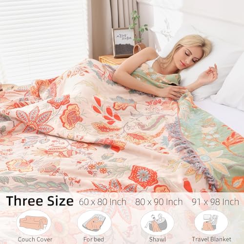 Boho Throw Blanket for Couch Bed, 100% Cotton Soft Rustic Quilt