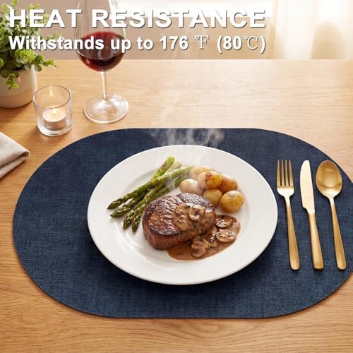 Faux Leather Oval Placemats Set of 4, Dark Blue