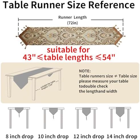 Luxury Vintage Design Table Runners 72 inches Long Embroidery Jacquard Fabric with Multi-Tassels Table Runners for Dining Room Dresser Wedding Holiday Party Fireplace Decorations (Coffee, 12X72inch)