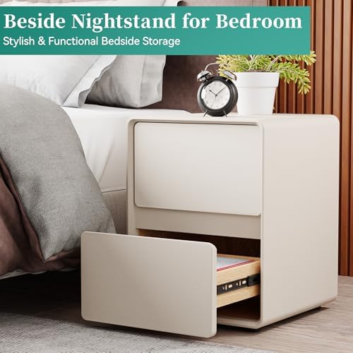 15.8" W Faux Leather Narrow Nightstand, Fully-Assembled Bedside Table with 2 Drawers, Wood Night Stand Small Accent End Table & Side Table for Bedroom, Cream White