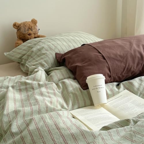 AOJIM Sage Green & Russet‑Red Striped Duvet Cover Full 3Pcs Vintage Bedding