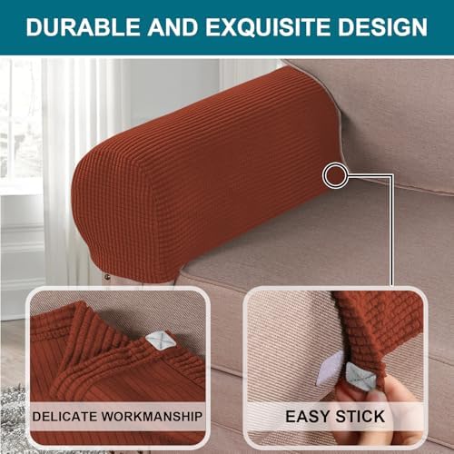 Turquoize Stretch Armrest Covers for Chairs and Sofas Couch Arm Covers for Sofa Spandex Jacquard Armrest Cover Anti-Slip Furniture Protector Armchair Slipcovers for Recliner Set of 2, Rust