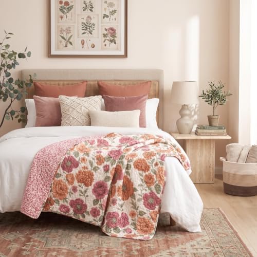 Tache Terracotta Rose Garden Reversible Quilted Throw Blanket, 50x60 Inch
