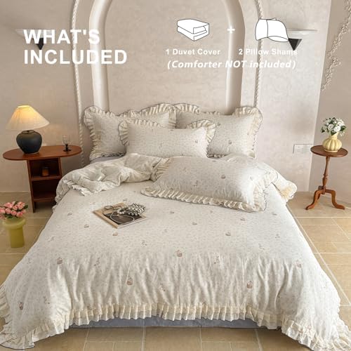 Cute Bunny Duvet Cover Set Muslin Cotton Queen(90"x90"),Rabbit/Flower