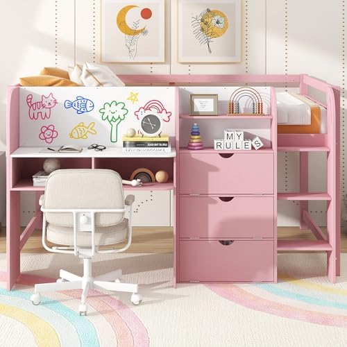 SOFTSEA Full Size Low Loft Bed with Desk and Storage, Pink