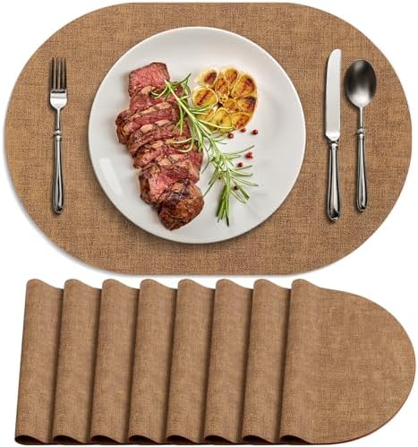 Faux Leather Oval Placemats Set of 8, Brown