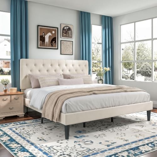 HOMBCK King Size Bed Frame, Upholstered Bed Frame with Headboard, Cream