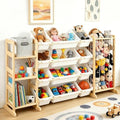 Kids Toy Storage Organizer with Bookshelf and Stuffed Animal Storage, 12 Removable Toy Bins and 1 Bonus Fabric Bin, Wooden Organizer for Playroom and Nursery, White