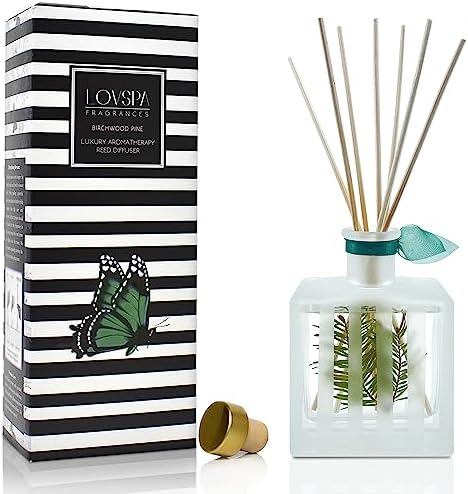 Reed Diffuser Set, Birchwood Pine Scented Oil Diffuser with Sticks, Home Fragrance Accessories for Bathroom Shelf Decor, Aroma Diffusers for Home or Office Desk, USA Made