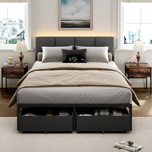 Furnulem Full Size Bed Frame with Upholstered Headboard & 2 Storage Drawers