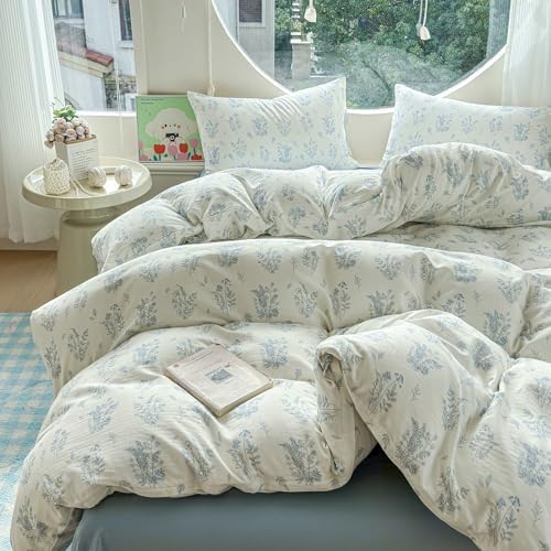 LifeTB Muslin Duvet Cover Set Twin XL Vintage Botanical Floral Duvet Cover 100% Cotton Linen Feel Flower Bedding Set Soft Gauze Comforter Cover Breathable Lightweight Cottagecore Bedding Set