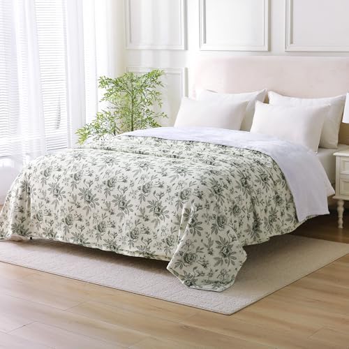 Muslin Blankets for Adults Reversible Throw Fleece & Gauze, Soft Cozy Lightweight Breathable Green Floral Blanket for Bed Couch, Double Layer Muslin Throw Cover 90"x108"