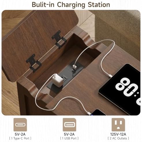 ONBRILL Rustic End Table with Charging Station, Narrow Side Table, Walnut