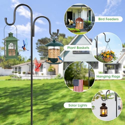 84 Inch Double Shepherds Hooks for Outdoor, Heavy Duty Bird Feeder Pole with 5 Prongs Base for Hanging Lantern, Hummingbird Feeder, Lightweight Plant, Shepherds Hook for Bird Feeders for Outside