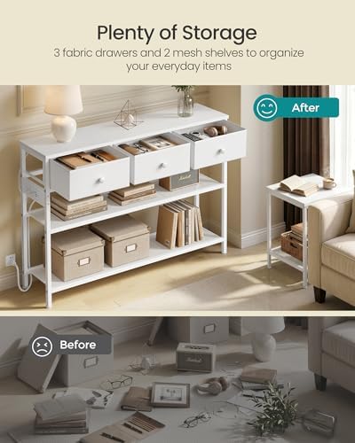 SONGMICS Console Table with Power Outlets and LED Lights, 3 Fabric Drawers