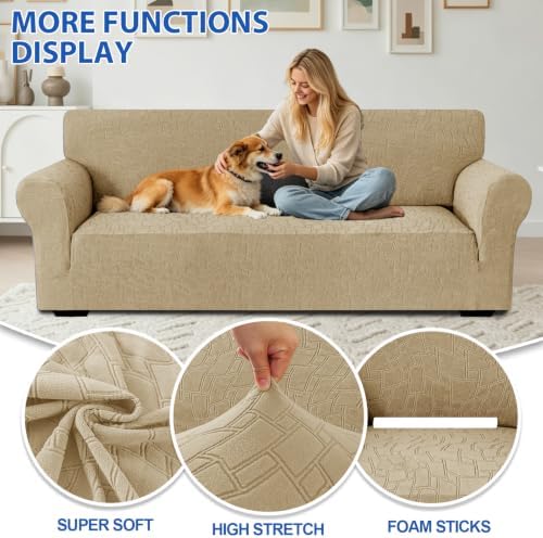 MAXIJIN Waterproof Oversized Couch Covers (91"-110"), Stretch Extra Large Sofa Cover Slipcovers with Non Slip Elastic Bottom, Pet Friendly Furniture Protector Washable (X-Large, Khaki)