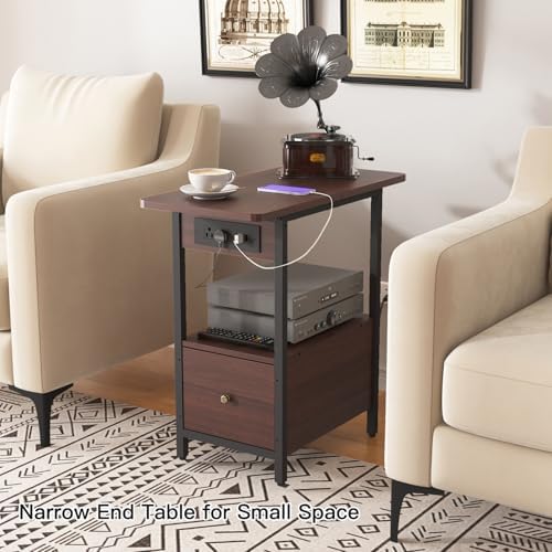 LIDYUK End Table with Charging Station, Narrow Side Table with Drawer