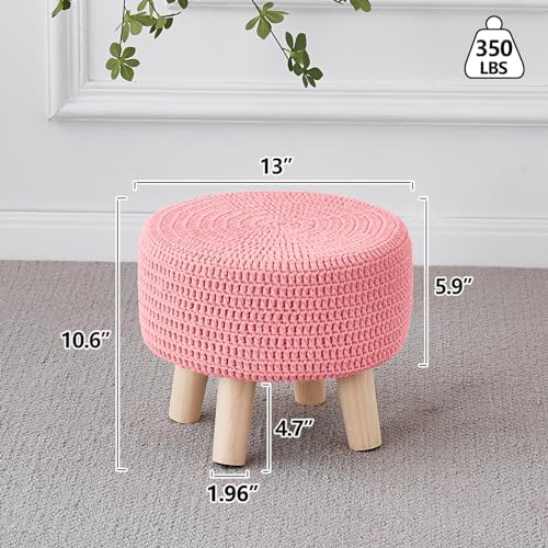 13" Round Handmade Cotton Knitted Boho Small Ottoman with Non-Skid Wood Leg