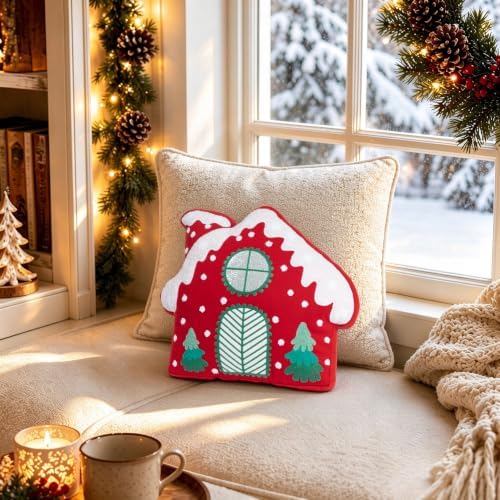 AELS Christmas House Throw Pillow, 16“ Decorative Holiday Plush Pillow, Soft Stuffed Christmas House Cushion for Christmas Home Decor, Living Room Sofa Bedroom Decoration, Red