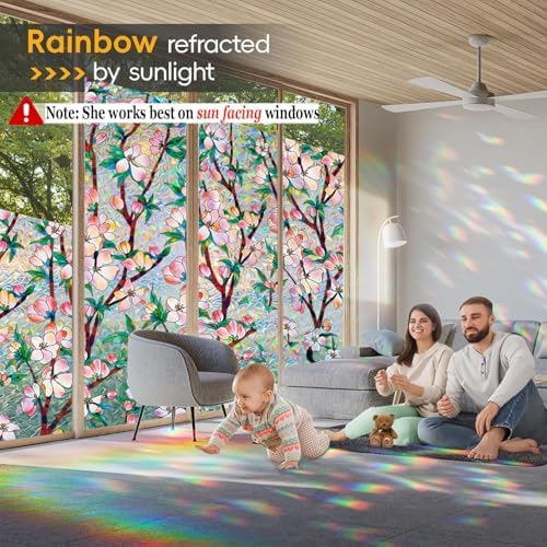 Rainbow Window Privacy Film Decorative Window Sticker, 3D Static Stained Glass Cling Tint for Home Heat Control Non-Adhesive, 11.8 Inch * 157.4 Inch