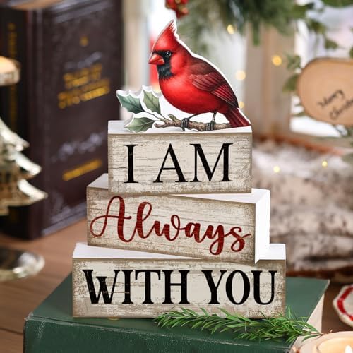 Yuntau 4 Pcs Cardinal Christmas Decor Wood Block Sign Tiered Tray Decor