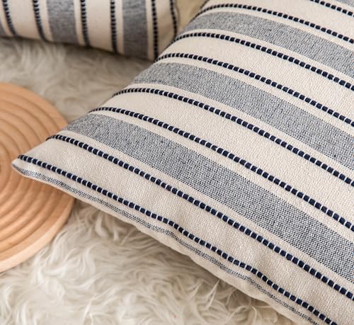 Cethom Decorative Boho Throw Pillow Covers, Farmhouse Textured Pillow Case, 22 x 22 Inch Set of 2, Chair Sofa Bedroom Living Room Decor Couch Cushion Case, Navy Blue and Beige Striped