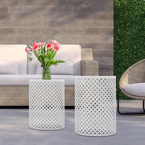 Set of 2 Outdoor Side Table, Garden Stool for Patio, Metal Accent Table Modern End Table, Patio Side Table for Garden, Balcony, Bedroom Indoor Outdoor Decorative, Cream White