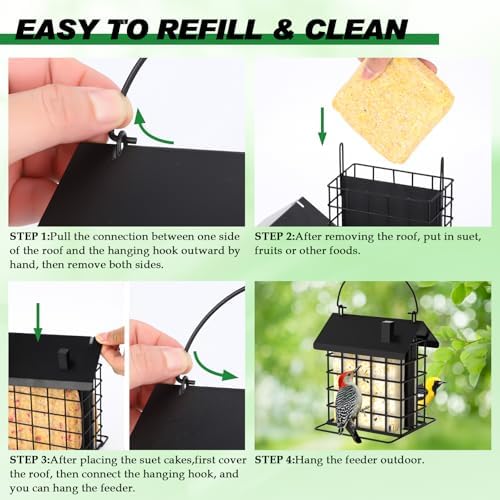 Gbekery All-Metal Double Suet Bird Feeder for Outdoors Hanging, Black Roof