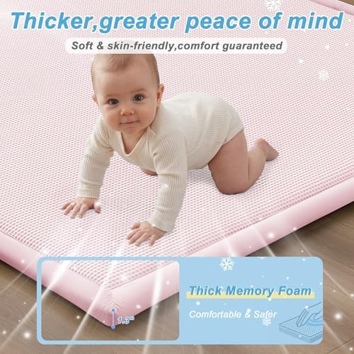 Baby Play Mat for Floor Nursery Rug Muscle Area Playroom Rug Elastic Foam 79x110" Playpenmat Elastic Foam 1.3" Thick Crawling Mat for Babies,Toddlers, Infants, Kids(Plaid Light Pink)