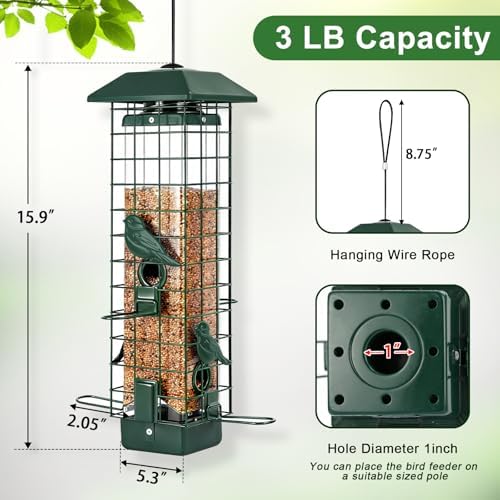 Gbekery Metal Squirrel Proof Bird Feeders for Outdoors Hanging, Green