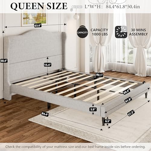50.4'' Upholstered Tall Headboard Queen Bed Frame, Beige