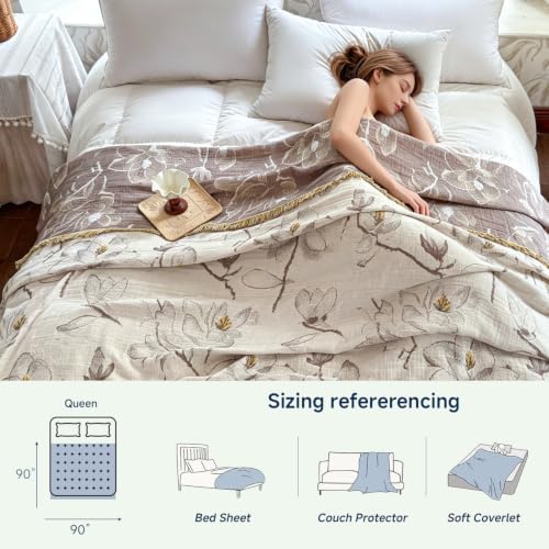 Simple&Opulence Cotton Muslin Blanket Queen Size 90"x90", Reversible Yarn-Dyed Vintage Khaki Floral Jacquard, 3-Layer Gauze with Tassels, Soft Lightweight Breathable All-Season Bedspread for Bed Couch