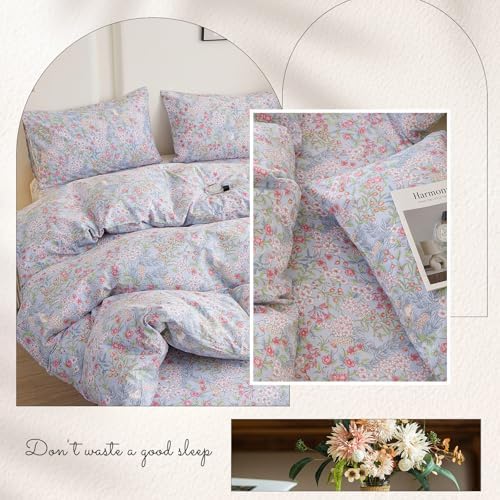 HighBuy French Style Pink Floral Duvet Cover Queen Size,100% Cotton Soft Botanical Floral Chic Cottagecore Bedding Comforter Cover Set Breathable for Hot Sleepers,Blue,for Women Girls