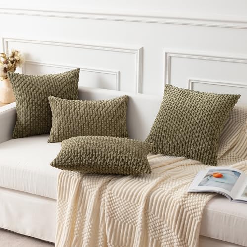 Kevin Textile Soft Corduroy 22x22 Inch Pillow Covers 2 Pack, Olive Green